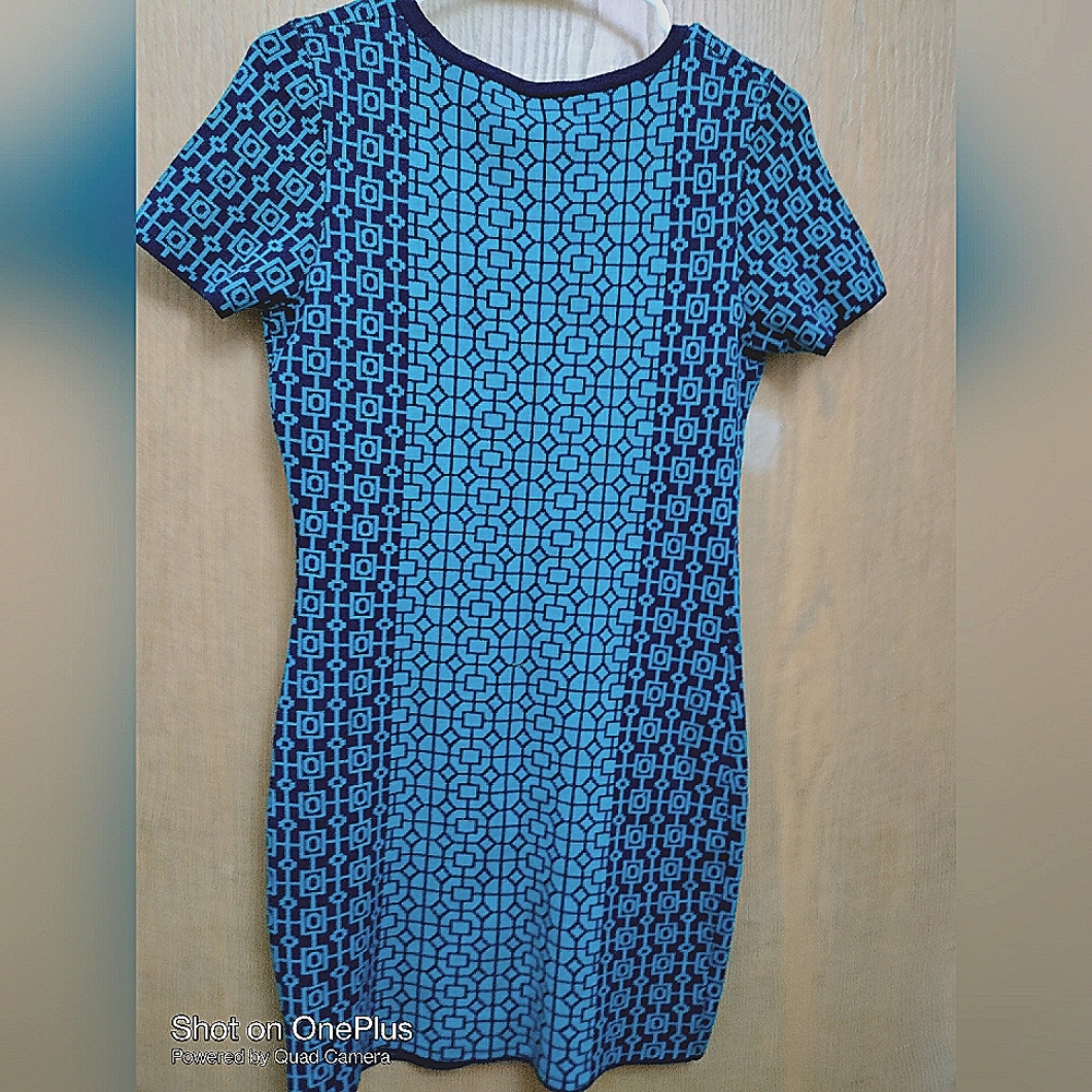 🎁 Romeo - Juliet  Sweater Dress Medium Teal Navy Short Sleeve Geometric print M